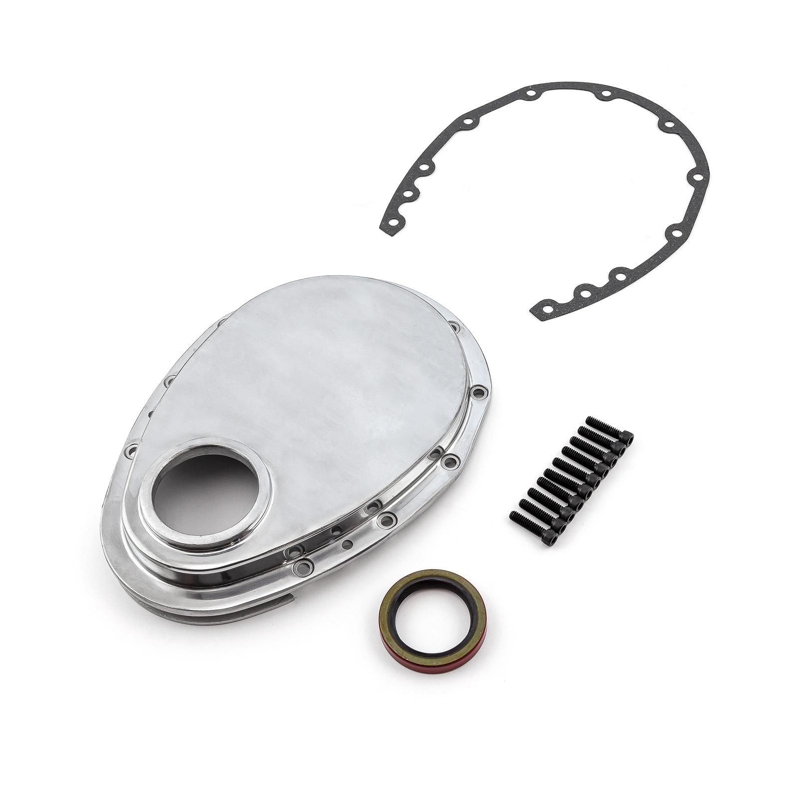 Speedmaster® PCE265.1013 Chevy SBC 350 Aluminum Timing Chain Cover Polished w/Gasket, Seal & Bolts