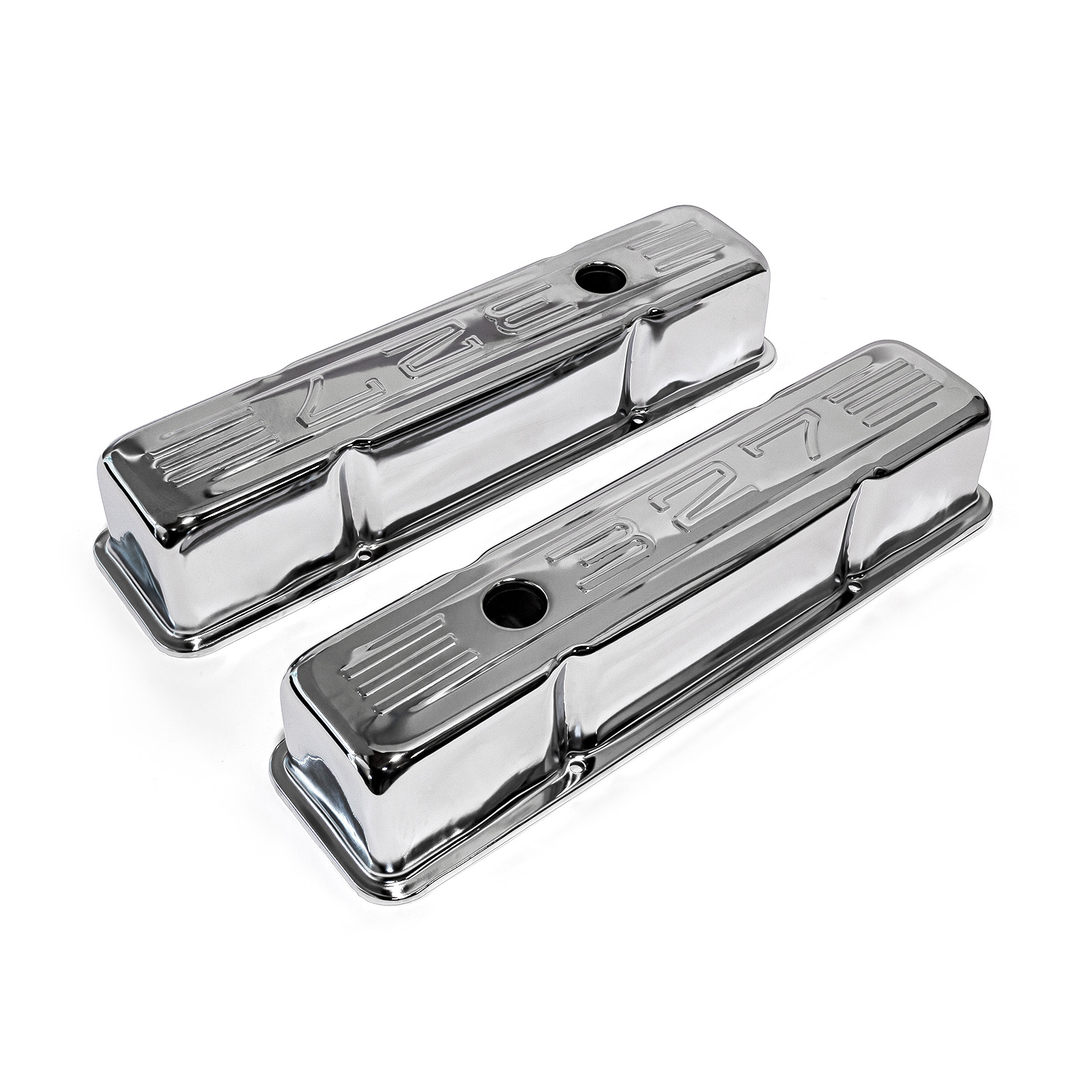 Speedmaster® PCE314.1002.02 Chevy SBC 350 Chrome "327 Stamped" Steel Valve Covers - Tall w/ Baffled Hole