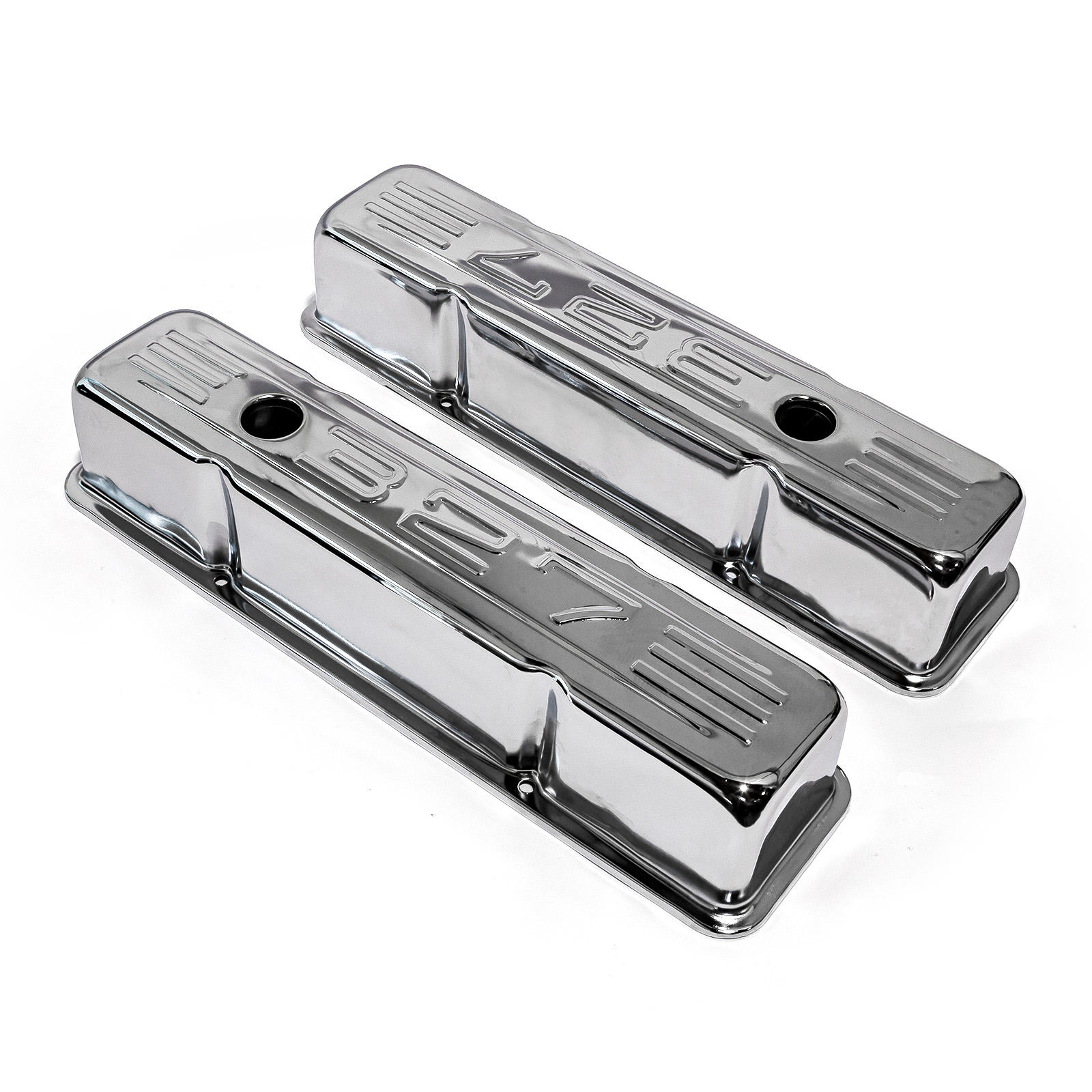 Speedmaster® PCE314.1002.02 Chevy SBC 350 Chrome "327 Stamped" Steel Valve Covers - Tall w/ Baffled Hole