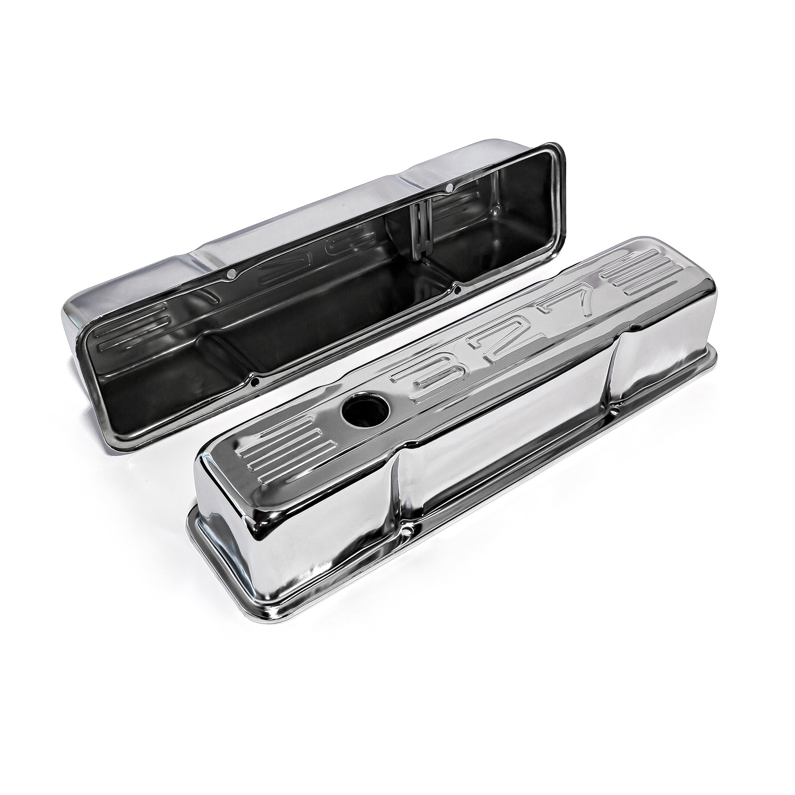 Speedmaster® PCE314.1002.02 Chevy SBC 350 Chrome "327 Stamped" Steel Valve Covers - Tall w/ Baffled Hole