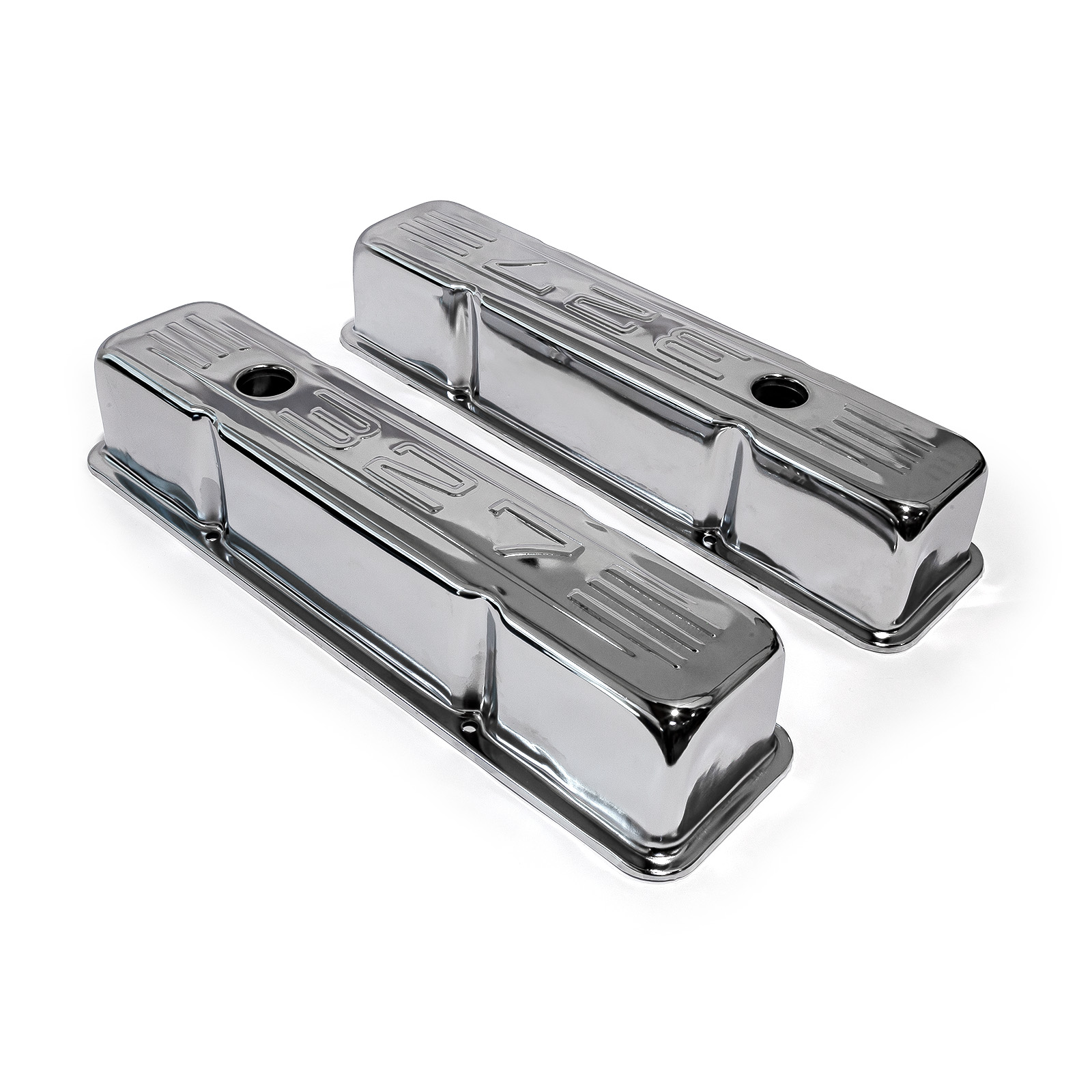 Speedmaster® PCE314.1002.02 Chevy SBC 350 Chrome "327 Stamped" Steel Valve Covers - Tall w/ Baffled Hole