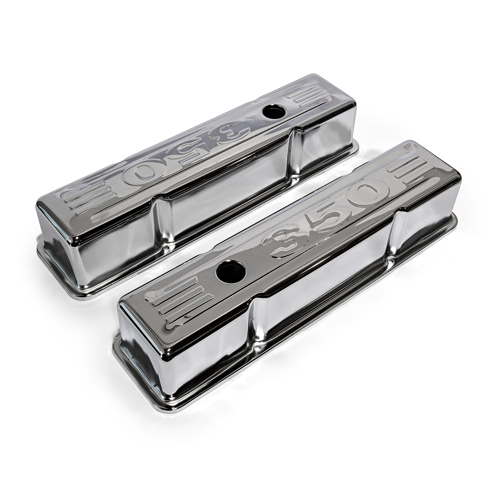 Speedmaster® PCE314.1002.03 Chevy SBC 350 Chrome "350 Stamped" Steel Valve Covers - Tall w/ Baffled Hole