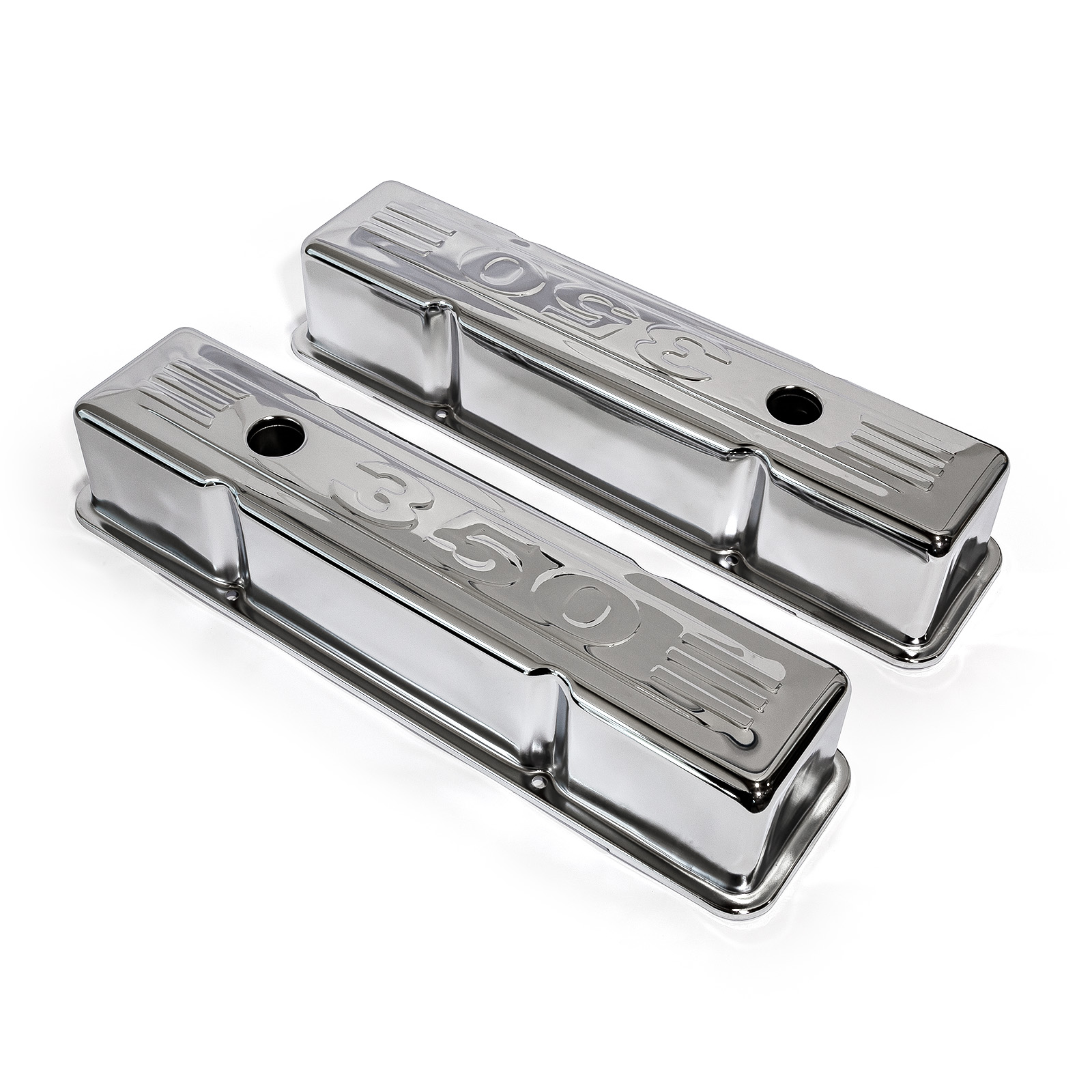 Speedmaster® PCE314.1002.03 Chevy SBC 350 Chrome "350 Stamped" Steel Valve Covers - Tall w/ Baffled Hole
