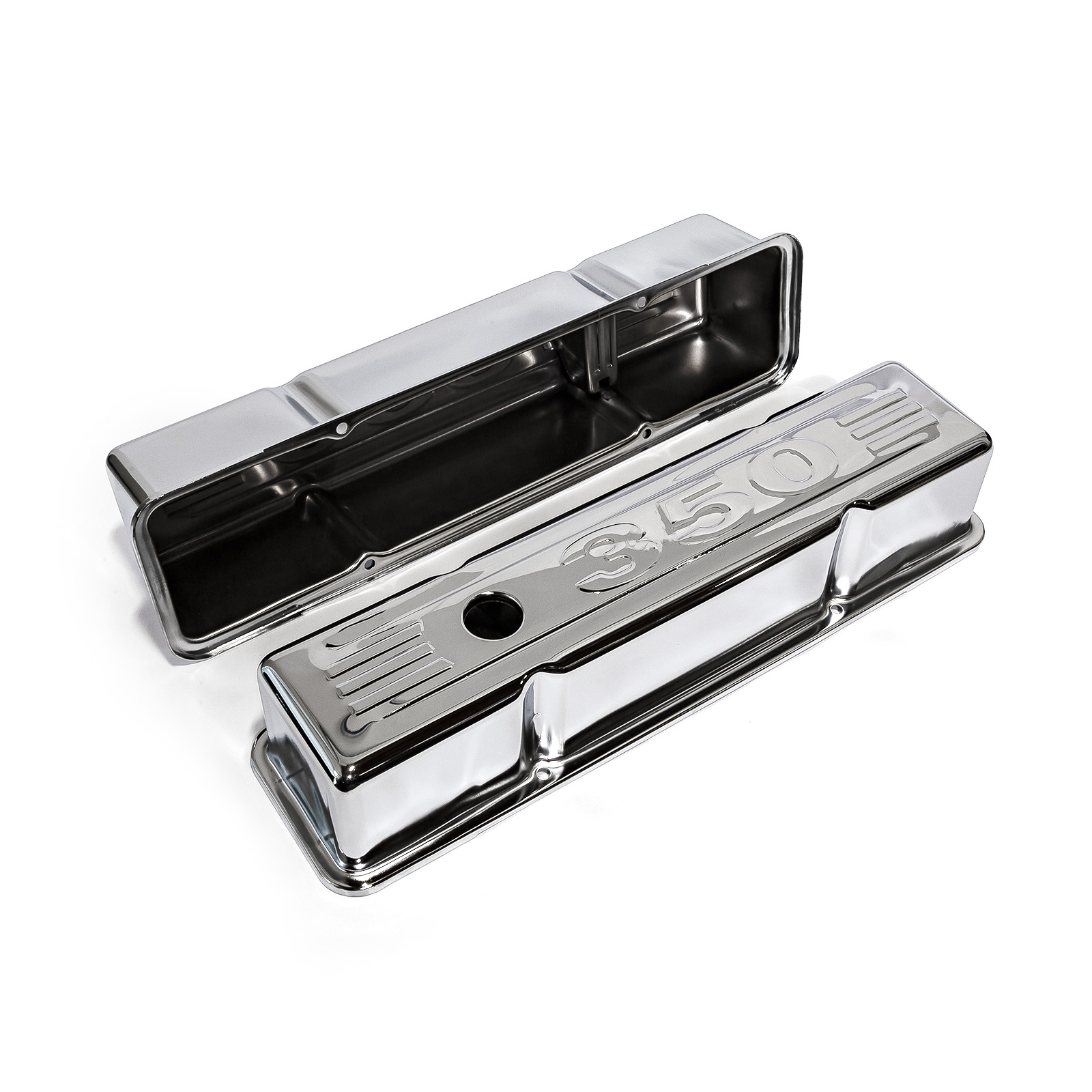 Speedmaster® PCE314.1002.03 Chevy SBC 350 Chrome "350 Stamped" Steel Valve Covers - Tall w/ Baffled Hole