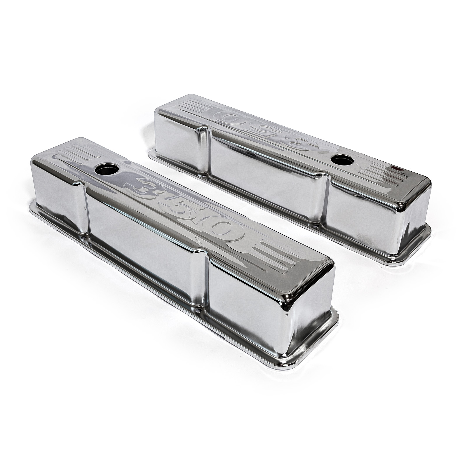 Speedmaster® PCE314.1002.03 Chevy SBC 350 Chrome "350 Stamped" Steel Valve Covers - Tall w/ Baffled Hole
