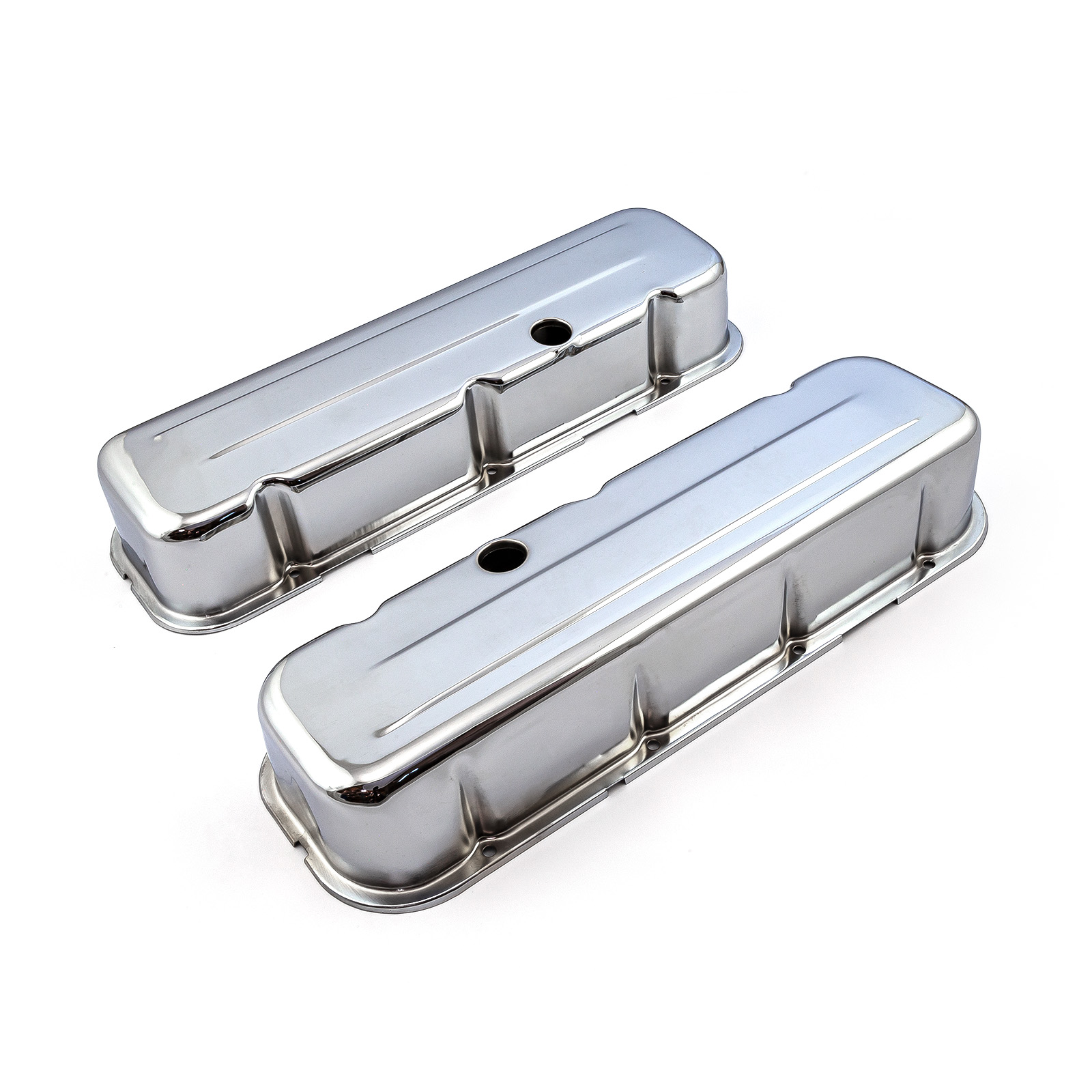 Speedmaster® PCE314.1004.02 Chevy BBC 454 Chrome Steel Valve Covers - Tall w/ Baffled Hole