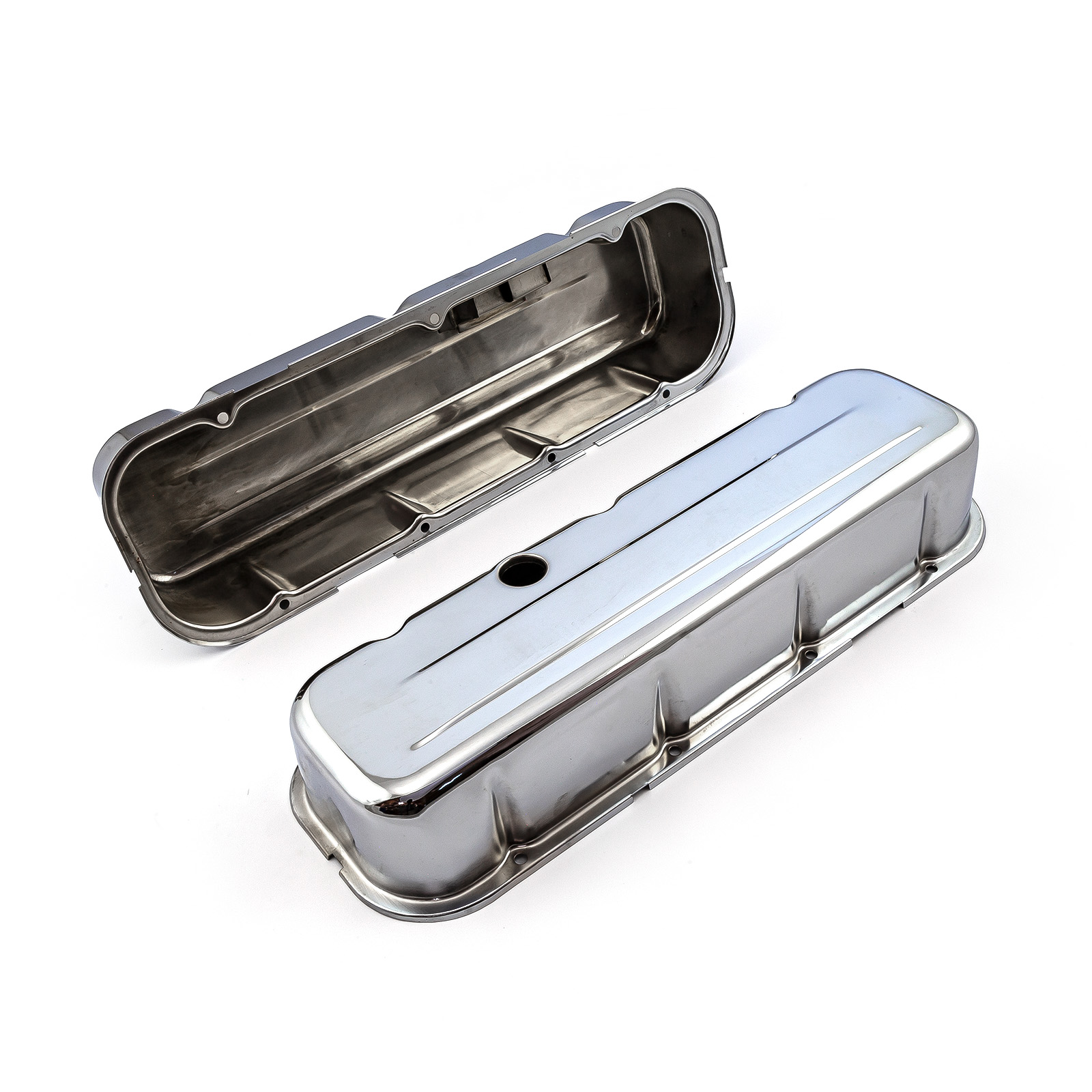 Speedmaster® PCE314.1004.02 Chevy BBC 454 Chrome Steel Valve Covers - Tall w/ Baffled Hole