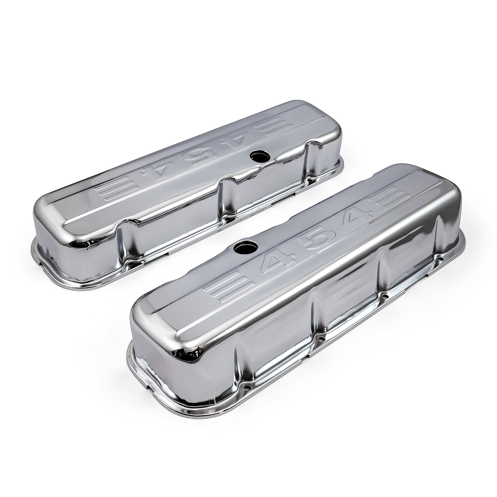 Speedmaster® PCE314.1004.03 Chevy BBC 454 Chrome "454 Stamped" Steel Valve Covers - Tall w/ Baffled Hole