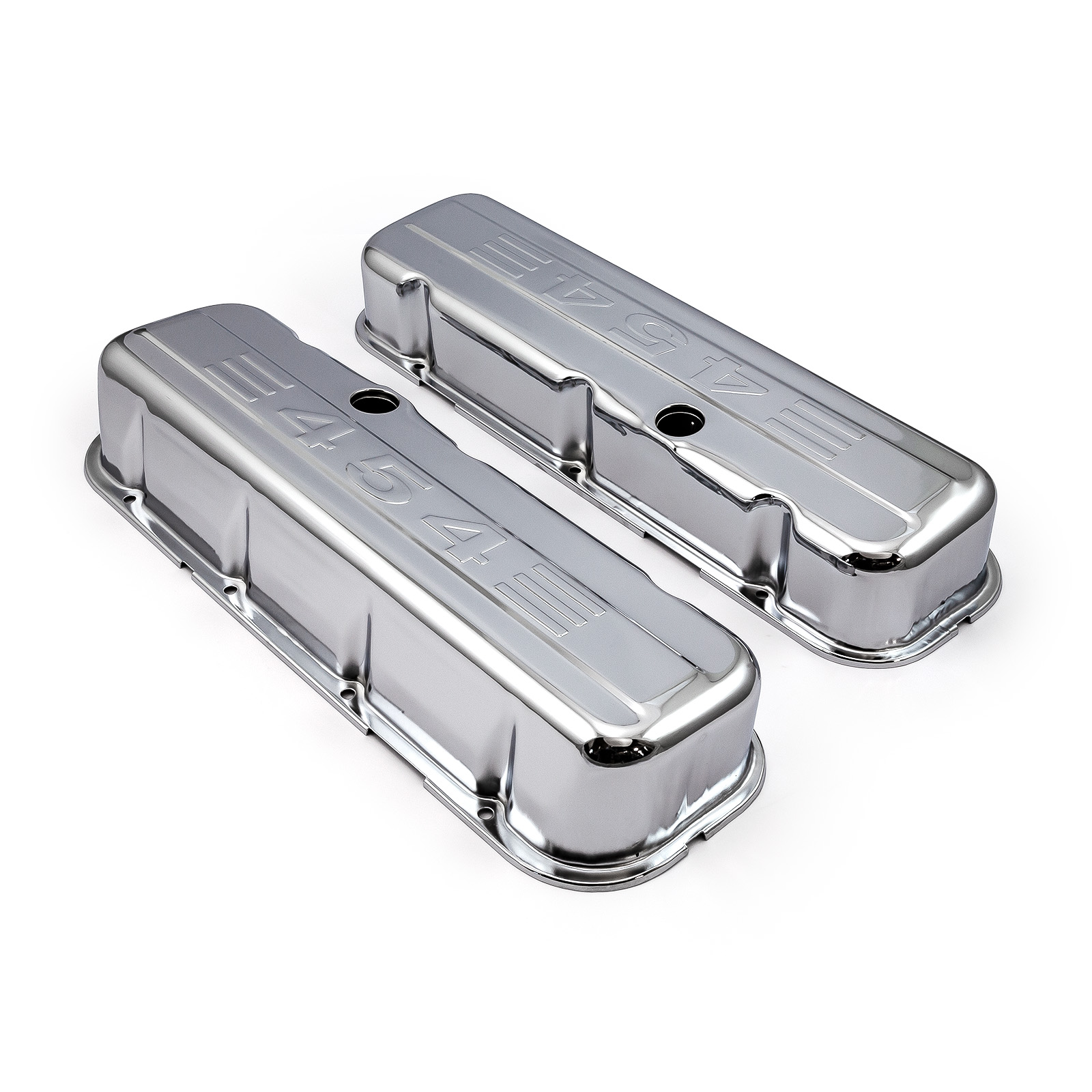 Speedmaster® PCE314.1004.03 Chevy BBC 454 Chrome "454 Stamped" Steel Valve Covers - Tall w/ Baffled Hole