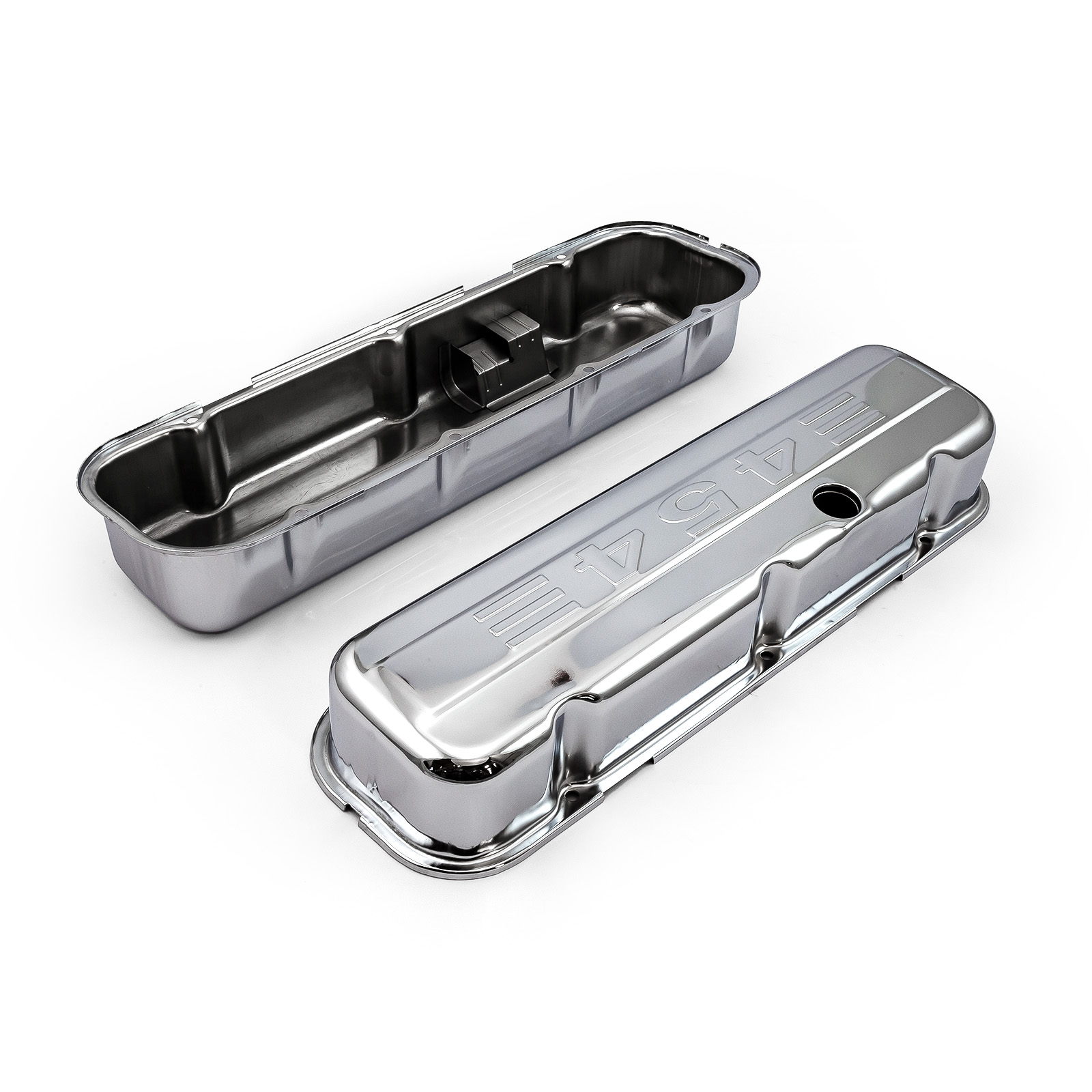 Speedmaster® PCE314.1004.03 Chevy BBC 454 Chrome "454 Stamped" Steel Valve Covers - Tall w/ Baffled Hole