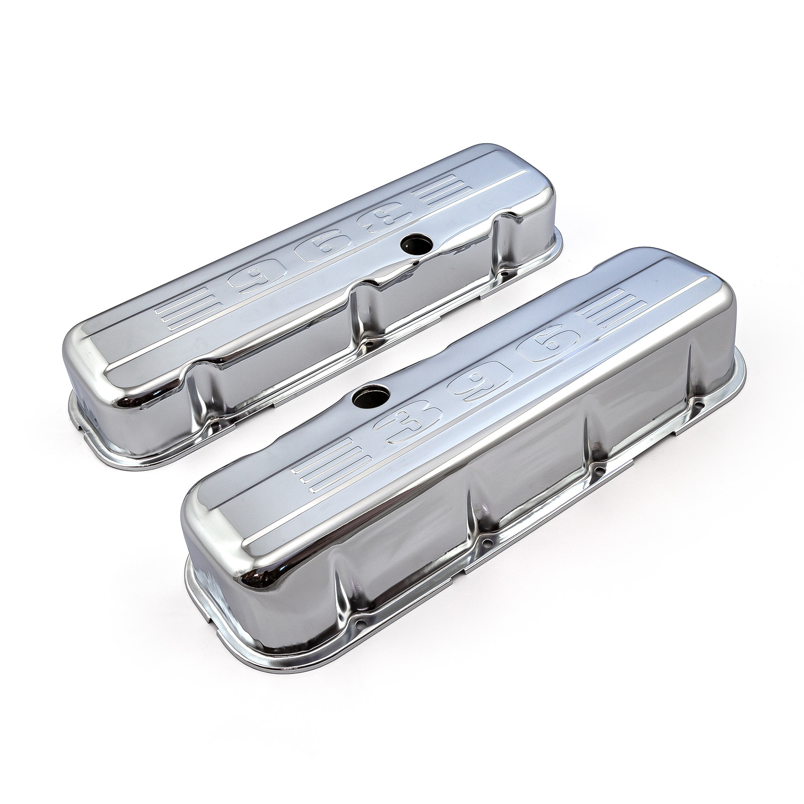 Speedmaster® PCE314.1004.04 Chevy BBC 454 Chrome "396 Stamped" Steel Valve Covers - Tall w/ Baffled Hole