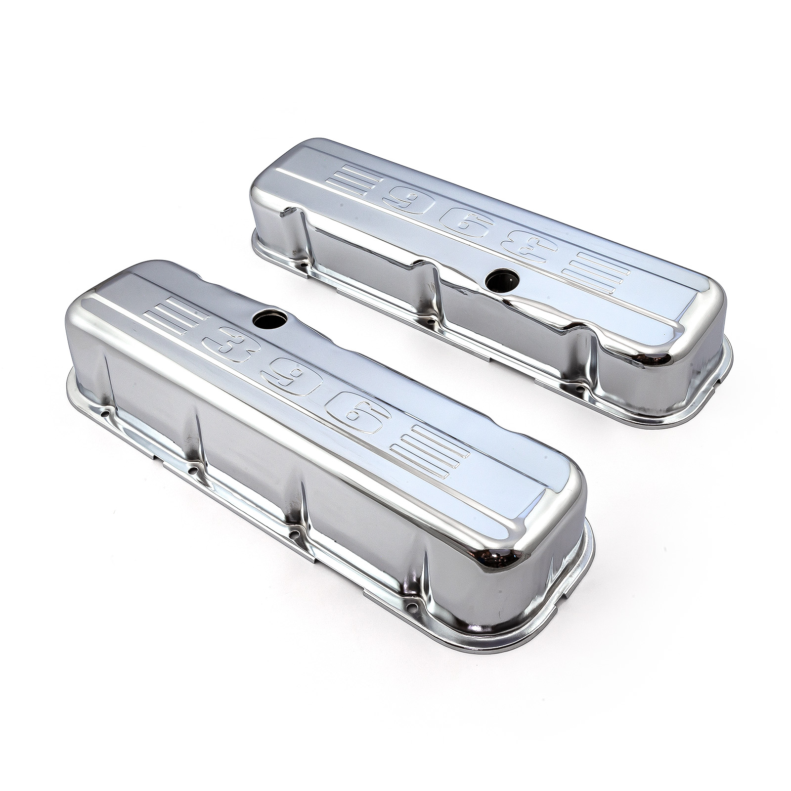 Speedmaster® PCE314.1004.04 Chevy BBC 454 Chrome "396 Stamped" Steel Valve Covers - Tall w/ Baffled Hole