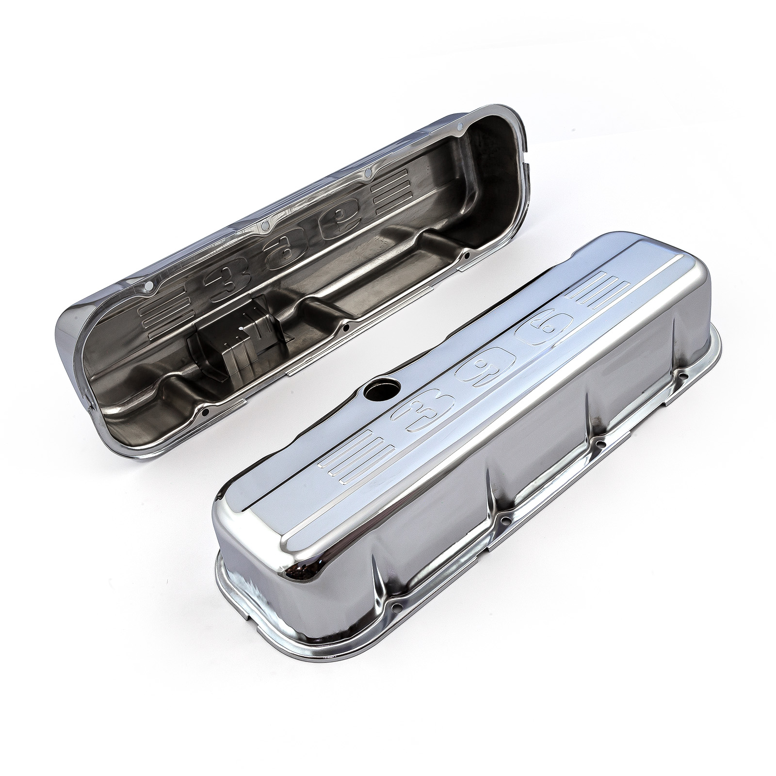 Speedmaster® PCE314.1004.04 Chevy BBC 454 Chrome "396 Stamped" Steel Valve Covers - Tall w/ Baffled Hole