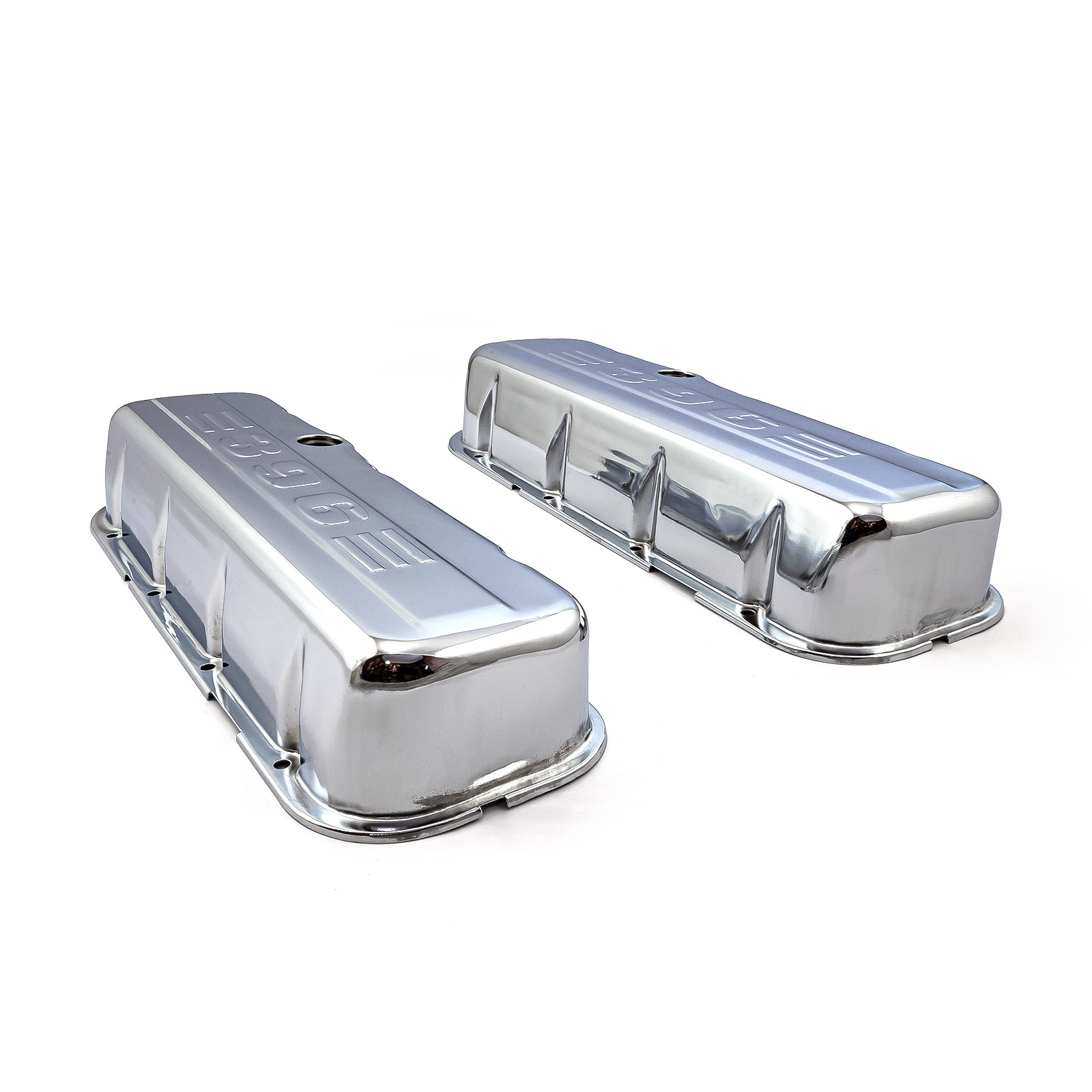 Speedmaster® PCE314.1004.04 Chevy BBC 454 Chrome "396 Stamped" Steel Valve Covers - Tall w/ Baffled Hole
