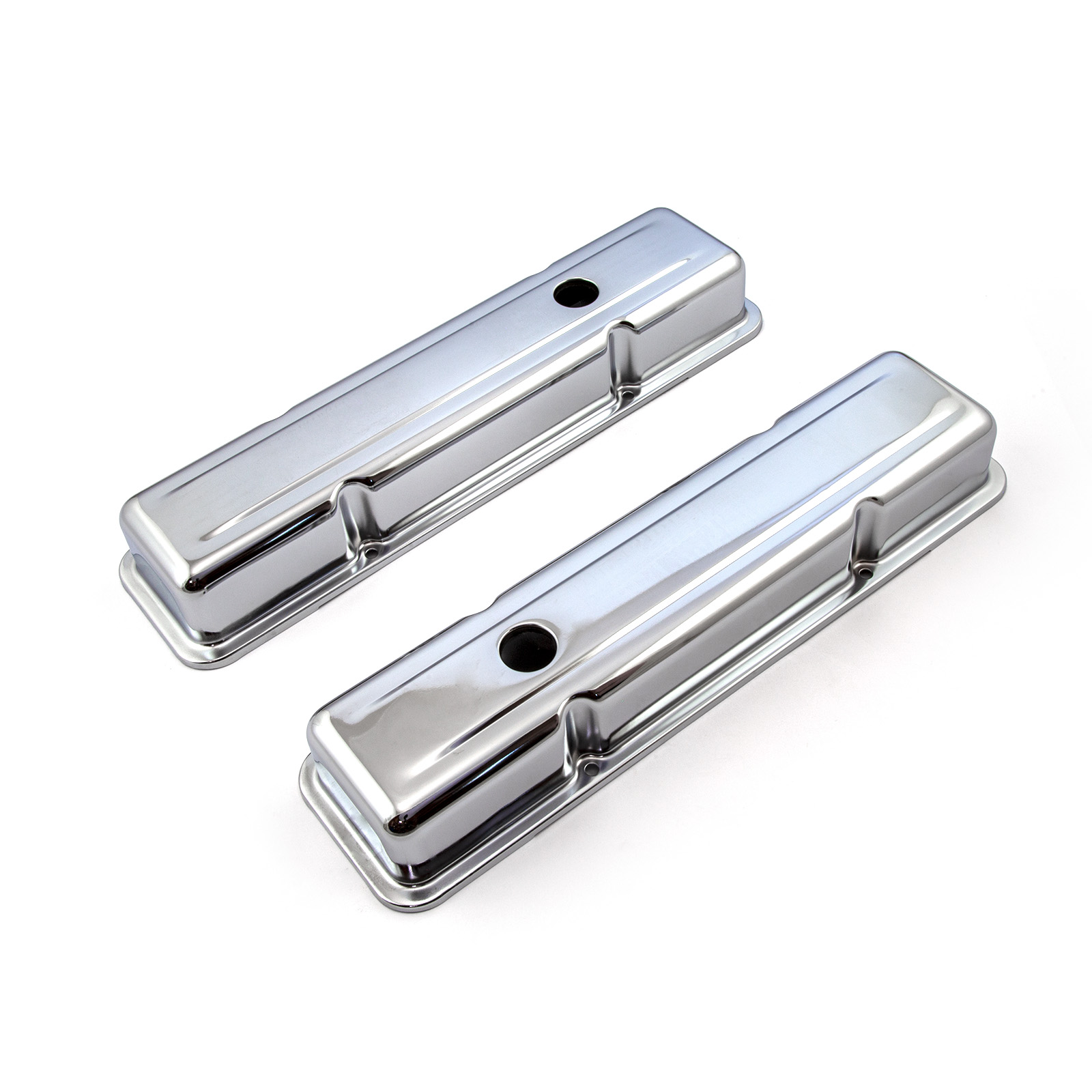 Speedmaster® PCE314.1038.02 Chevy SBC 350 Chrome Steel Valve Covers - Short w/ Hole