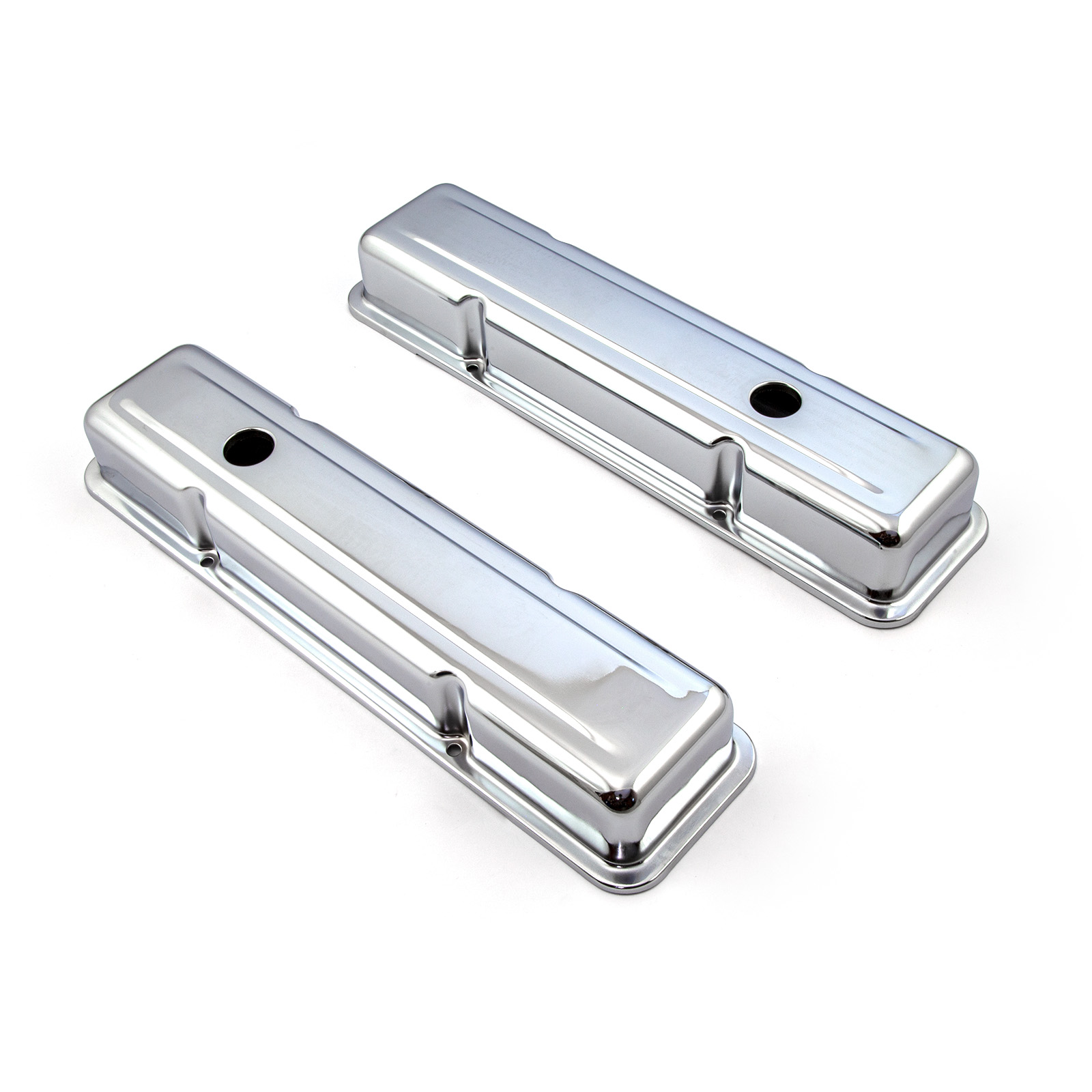 Speedmaster® PCE314.1038.02 Chevy SBC 350 Chrome Steel Valve Covers - Short w/ Hole