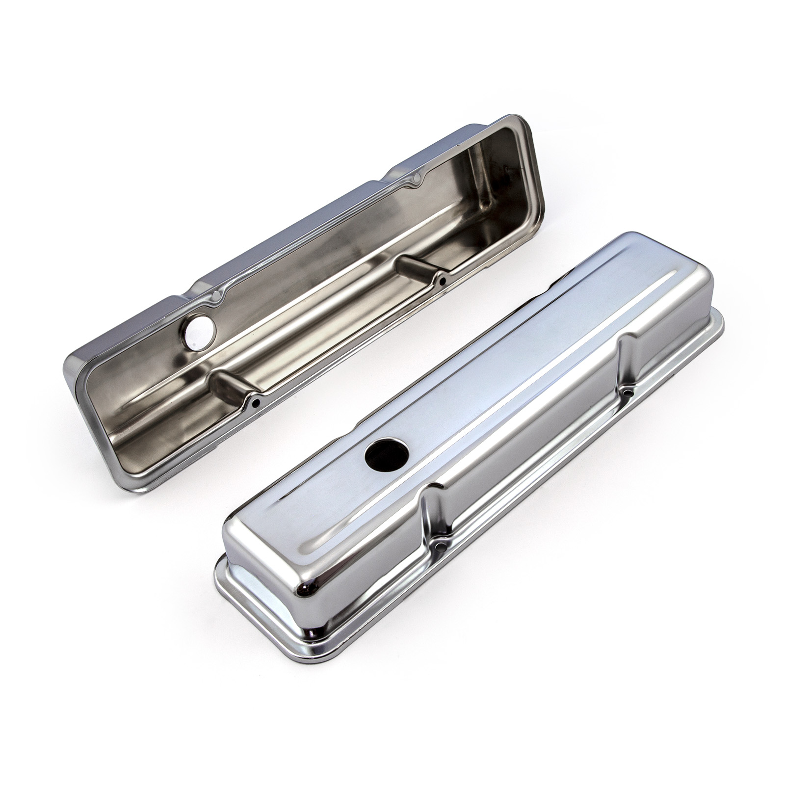 Speedmaster® PCE314.1038.02 Chevy SBC 350 Chrome Steel Valve Covers - Short w/ Hole