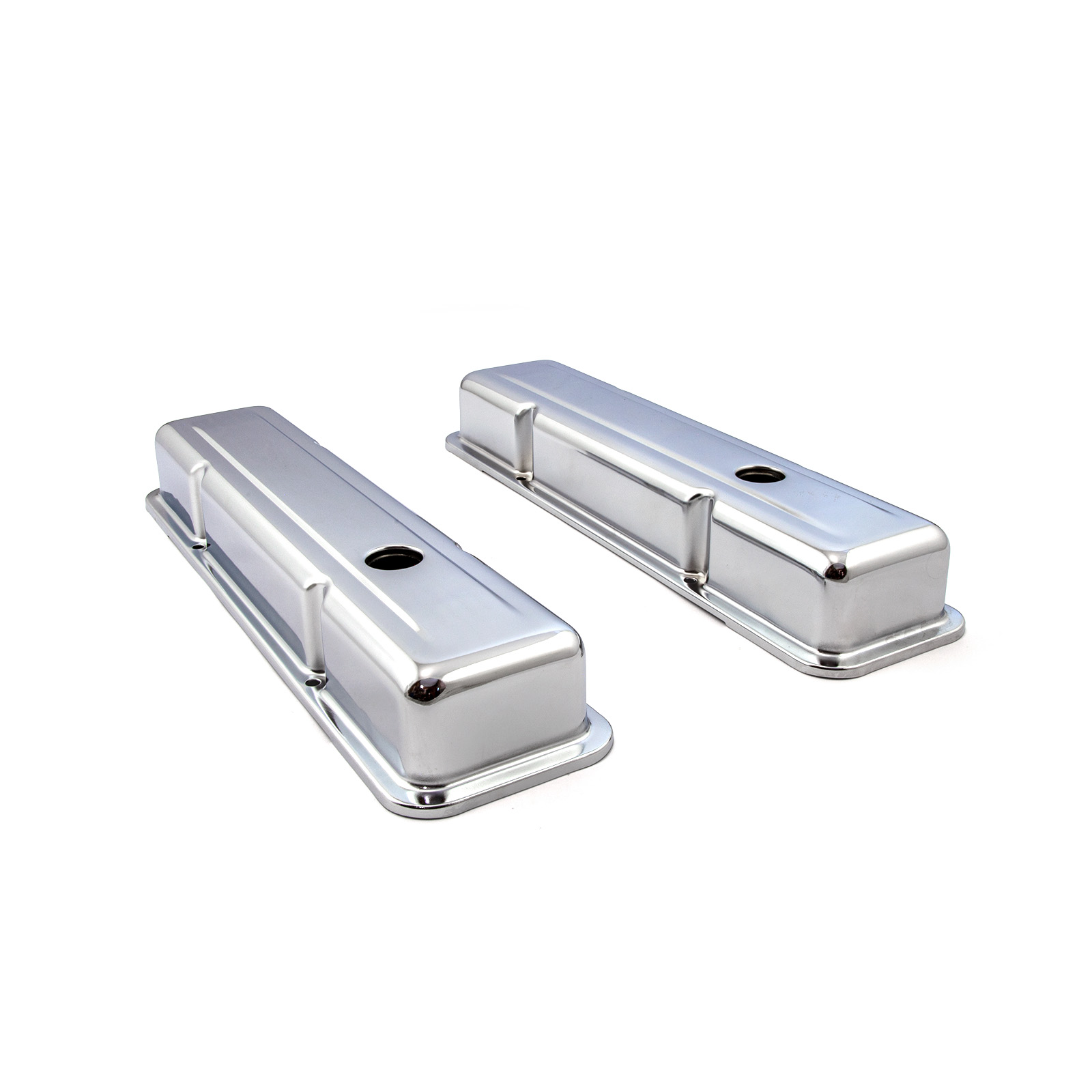 Speedmaster® PCE314.1038.02 Chevy SBC 350 Chrome Steel Valve Covers - Short w/ Hole