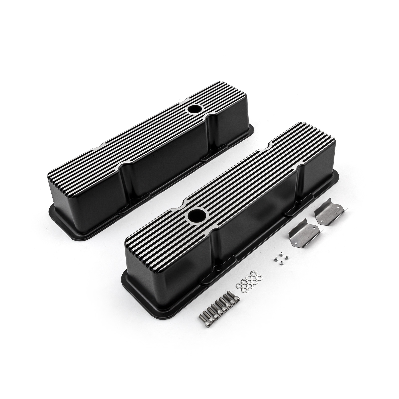 Speedmaster® PCE314.1070.04 Chevy SBC 350 Black Aluminum Ribbed Valve Covers Tall w/Hole