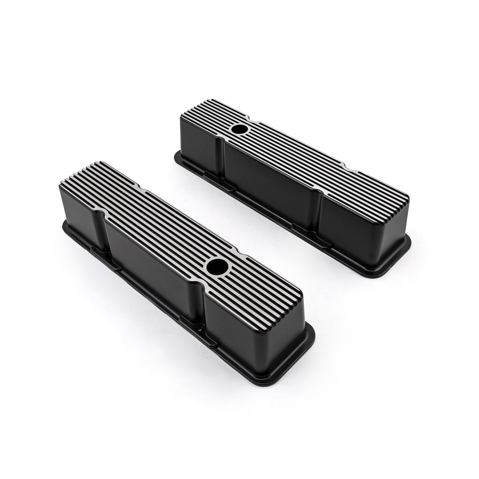 Speedmaster® PCE314.1070.04 Chevy SBC 350 Black Aluminum Ribbed Valve Covers Tall w/Hole