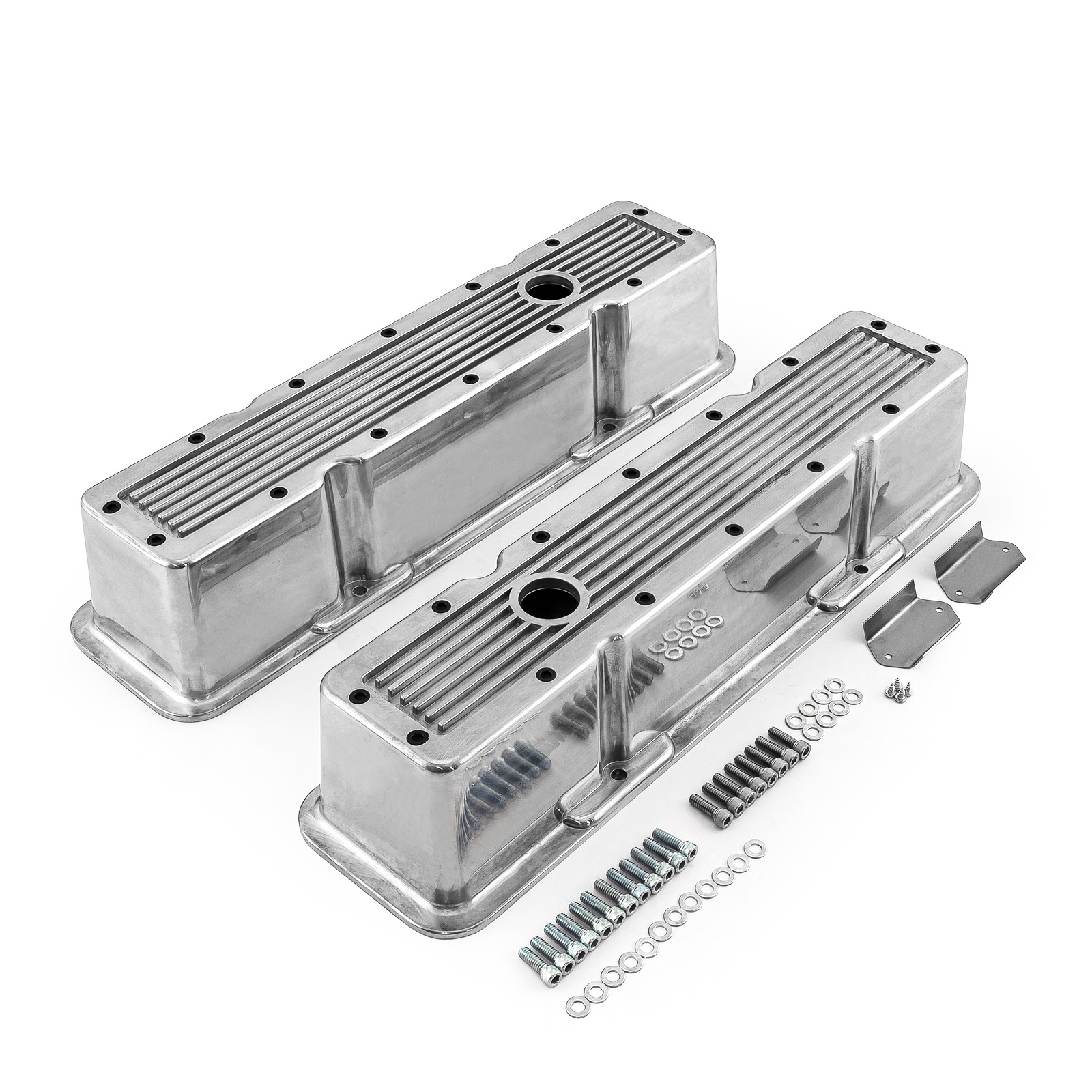 Chevy SBC 350 Polished Ribbed Aluminum Valve Covers - Tall w/Hole