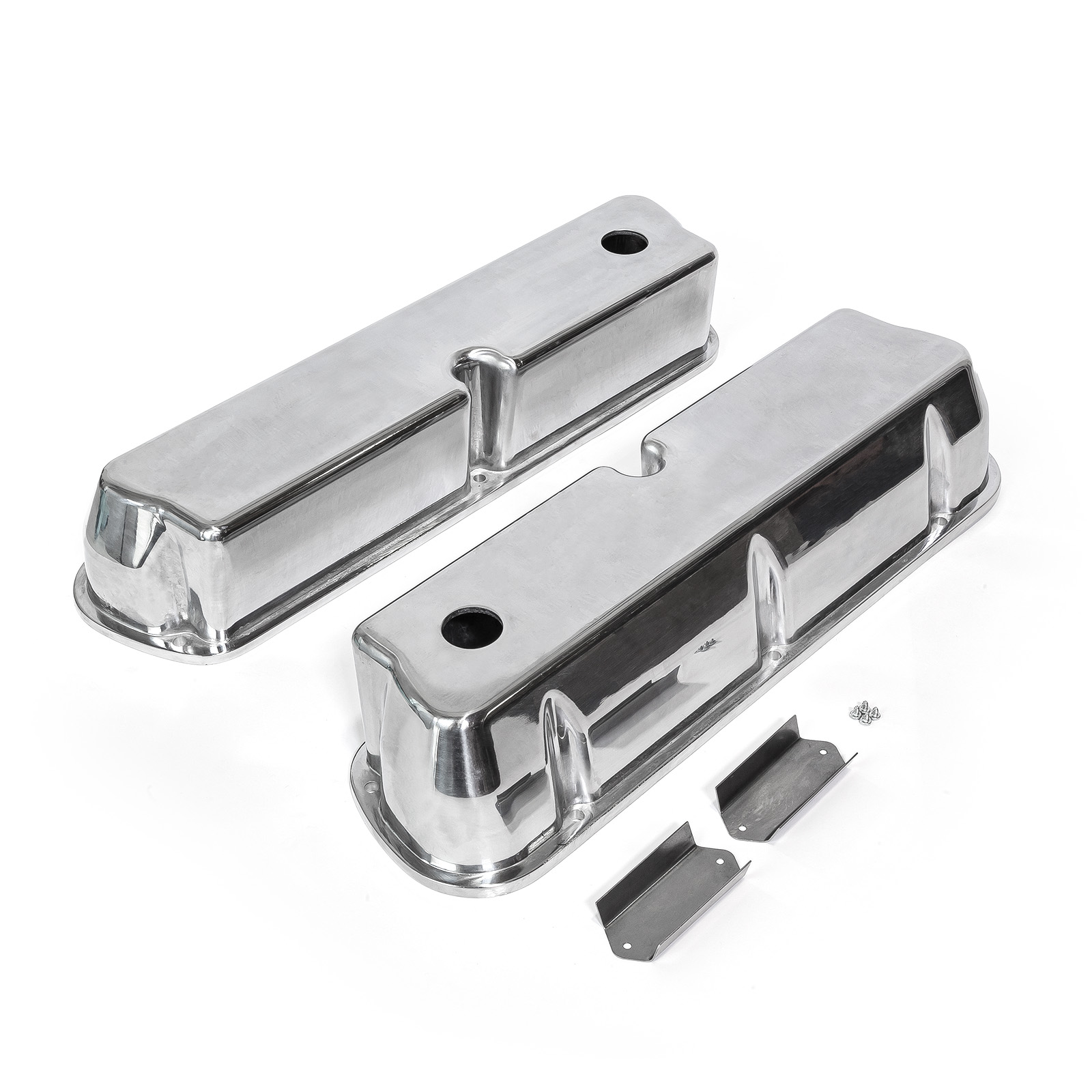 Ford SB 289 302 351 Windsor Polished Aluminum Plain Valve Covers - Tall w/ Hole