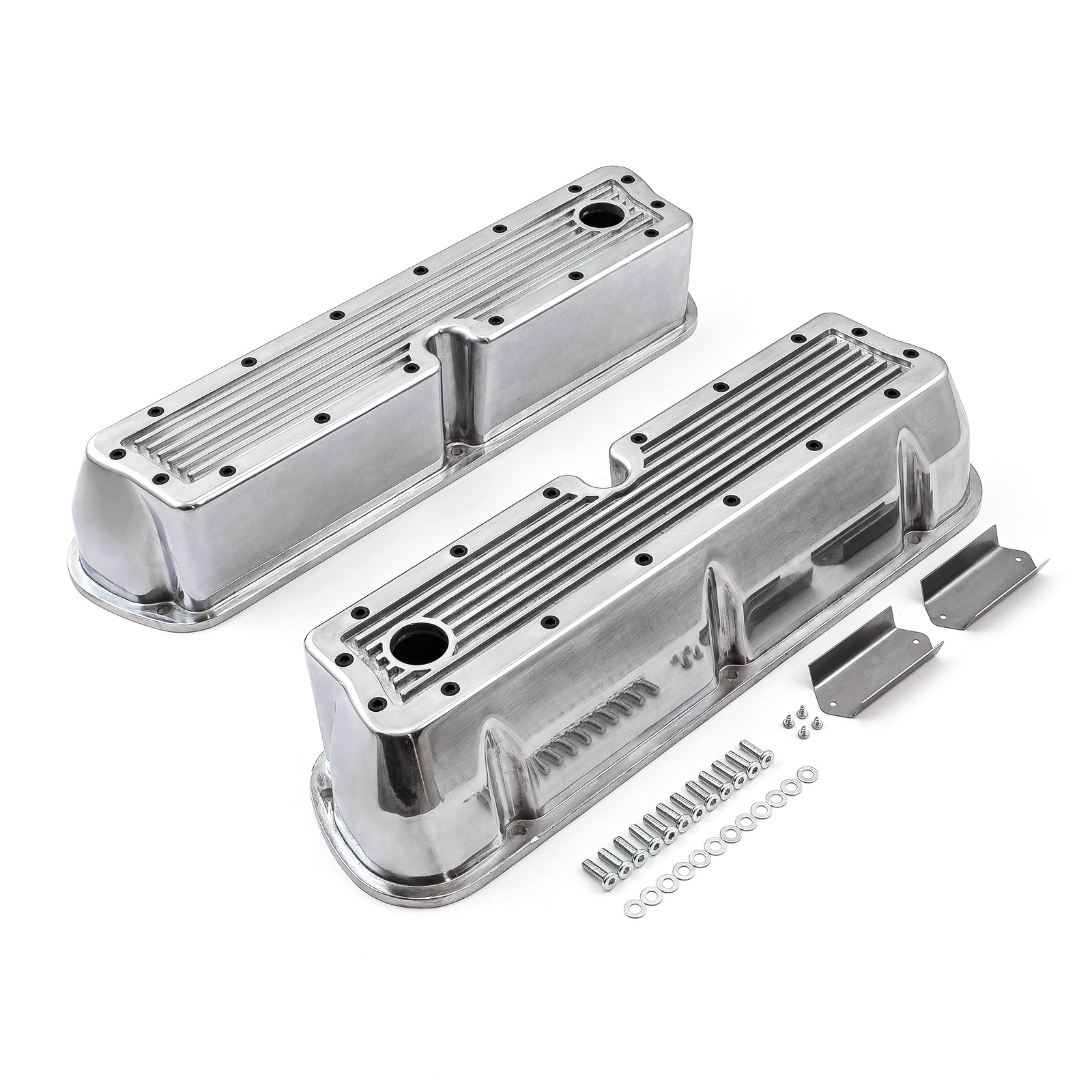 Ford SB 289 302 351 Windsor Polished Ribbed Aluminum Valve Covers - Tall w/Hole