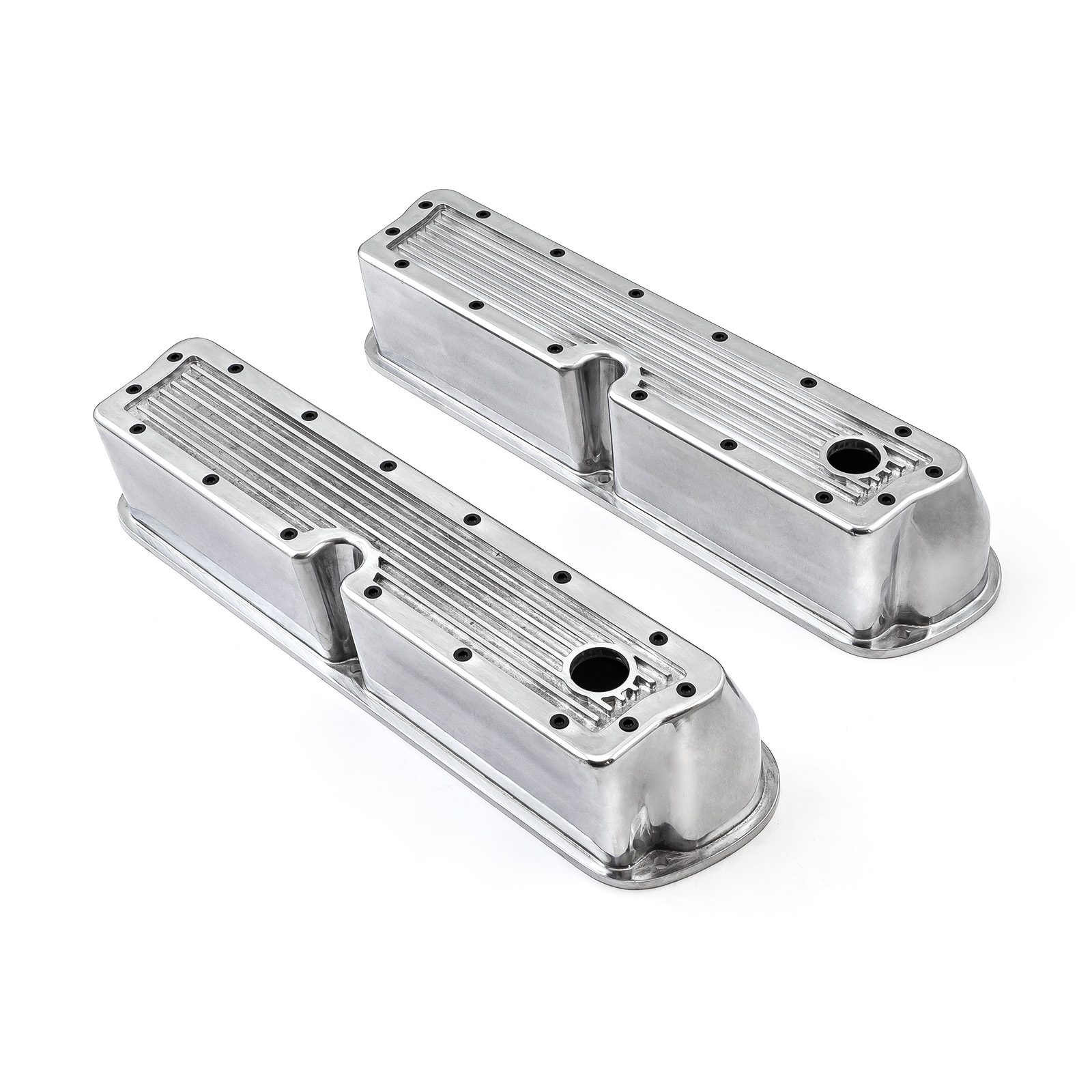 Speedmaster® PCE314.1083.11 Ford SB 289 302 351 Windsor Polished Ribbed Aluminum Valve Covers - Tall w/Hole