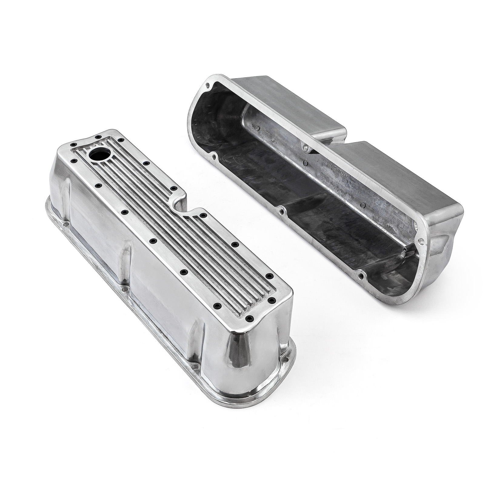Speedmaster® PCE314.1083.11 Ford SB 289 302 351 Windsor Polished Ribbed Aluminum Valve Covers - Tall w/Hole